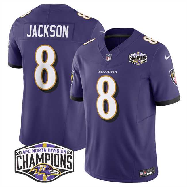 Mens Baltimore Ravens #8 Lamar Jackson Purple F.U.S.E 2024 AFC North Division Champions Vapor Limited Jersey